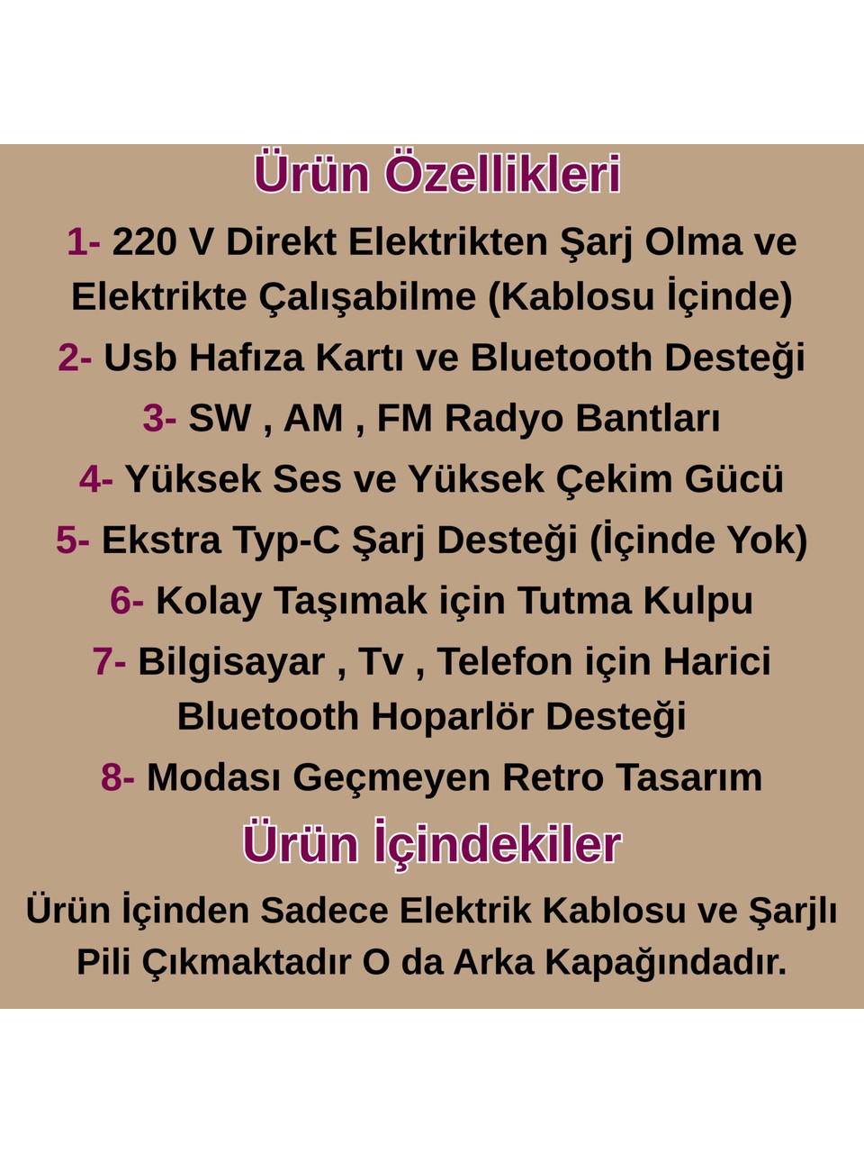 Dexxony Kahverengi Bluetoothlu Büyük Boy Nostaljik Radyo - Elektrikli, Şarjlı ve Pilli
