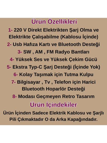 Dexxony Kahverengi Bluetoothlu Büyük Boy Nostaljik Radyo - Elektrikli, Şarjlı ve Pilli