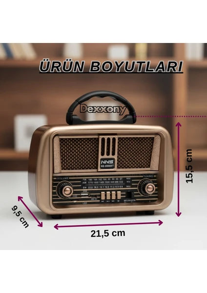 Dexxony Kahverengi Bluetoothlu Büyük Boy Nostaljik Radyo - Elektrikli, Şarjlı ve Pilli